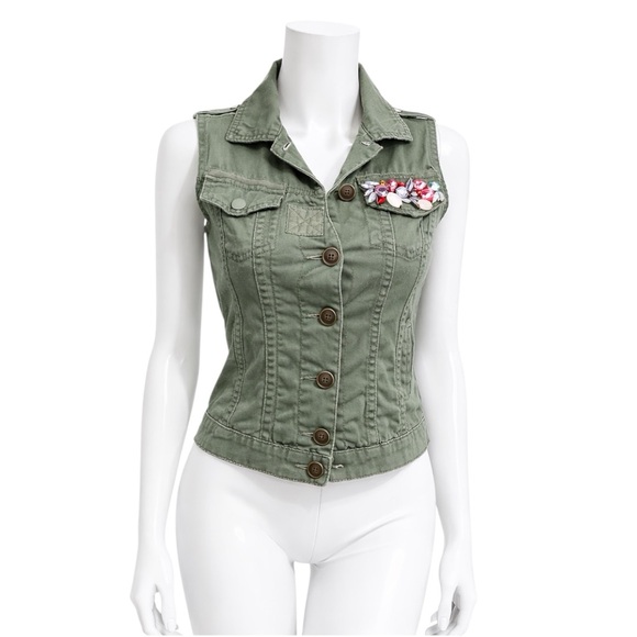Dolled Up Army Fatigue Green Rhinestone Pocketed Vest - Picture 5 of 15